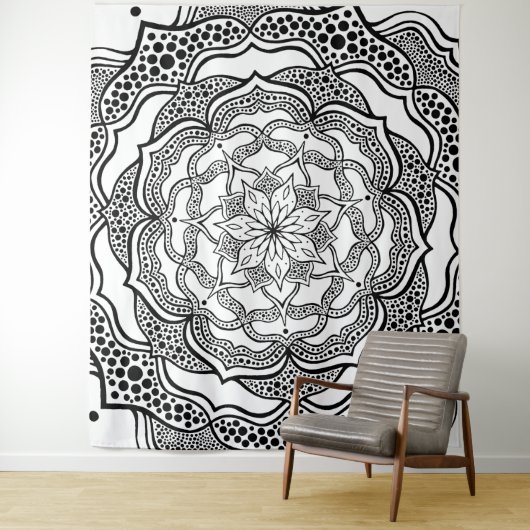 Mandala Kunst Boho Chic Elegant Zwart Wit Trippy Wandkleed (In situ)