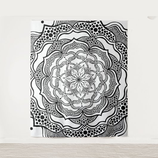 Mandala Kunst Boho Chic Elegant Zwart Wit Trippy Wandkleed (Voorkant)