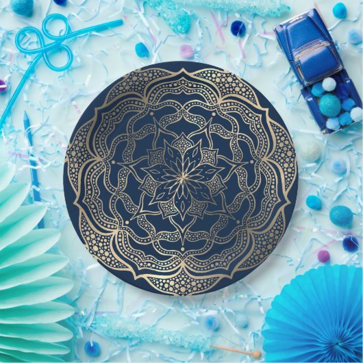 Mandala Kunst Boho Elegant Goud Marineblauw Kerstm Papieren Bordje (Feest)
