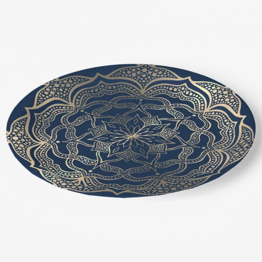 Mandala Kunst Boho Elegant Goud Marineblauw Kerstm Papieren Bordje (Gekanteld)