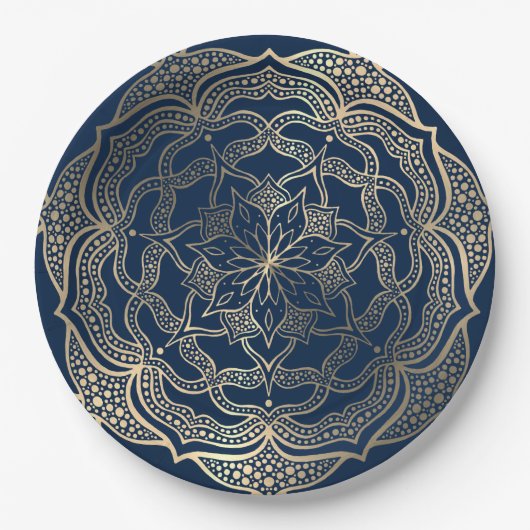 Mandala Kunst Boho Elegant Goud Marineblauw Kerstm Papieren Bordje (Voorkant)