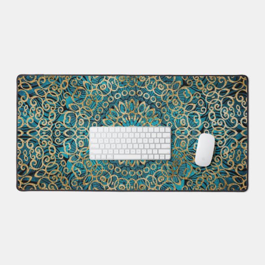 Mandala Kunst Zen Tealblauw En Gouden Klasse Elega Bureaumat (Keyboard & Muis)
