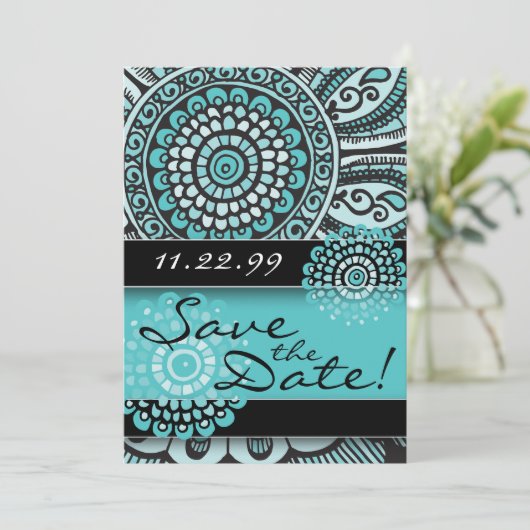 Mandala Lace Turquoise Black Save the Date Wedding (Staand voorkant)