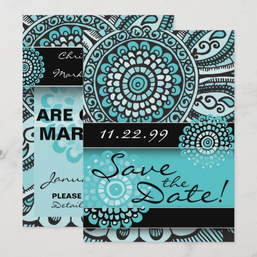 Mandala Lace Turquoise Black Save the Date Wedding (Voorkant / Achterkant)