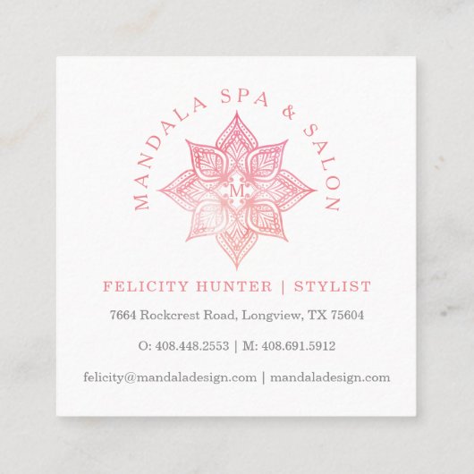 Mandala Lotus Flower Logo & Blush Pink Waterverf Vierkante Visitekaartje (Achterkant)