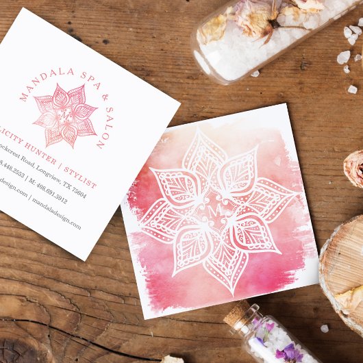 Mandala Lotus Flower Logo & Blush Pink Waterverf Vierkante Visitekaartje