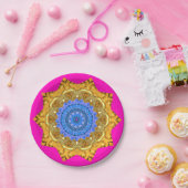 Mandala Magisch Blauw & Goud op Fuchsia Papieren Bordje (Feest)