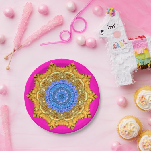 Mandala Magisch Blauw & Goud op Fuchsia Papieren Bordje (Feest)