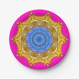 Mandala Magisch Blauw & Goud op Fuchsia Papieren Bordje