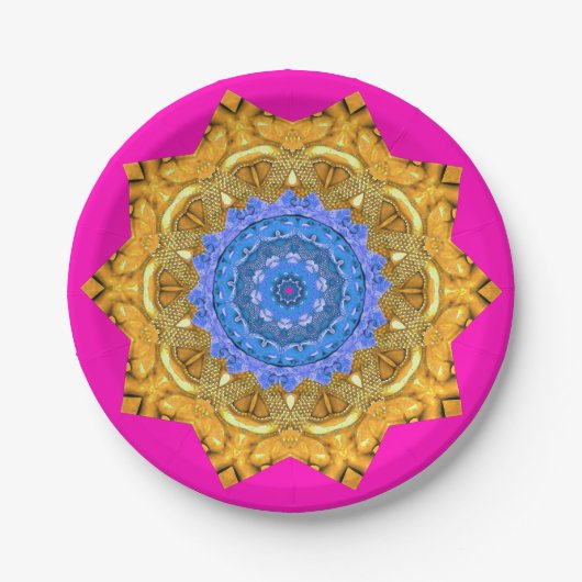 Mandala Magisch Blauw & Goud op Fuchsia Papieren Bordje (Voorkant)