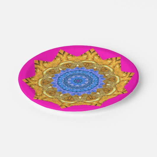 Mandala Magisch Blauw & Goud op Fuchsia Papieren Bordje (Gekanteld)