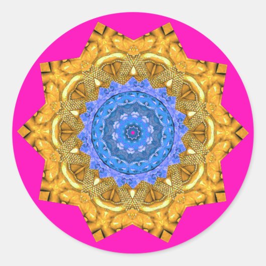 Mandala Magisch Blauw & Goud op Fuchsia Ronde Sticker (Voorkant)