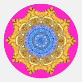 Mandala Magisch Blauw & Goud op Fuchsia Ronde Sticker