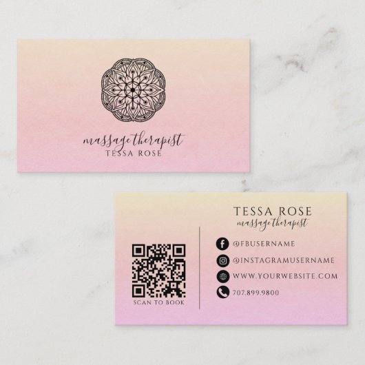 Mandala Massage Therapeut QR Code Pastel Gradiënt Visitekaartje (Voorkant / Achterkant)