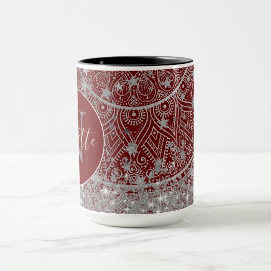 Mandala met Monogram Glitter Silver Stars Rood Mok (Midden)