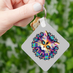 Mandala met portret van knuffelige harige kat sleutelhanger