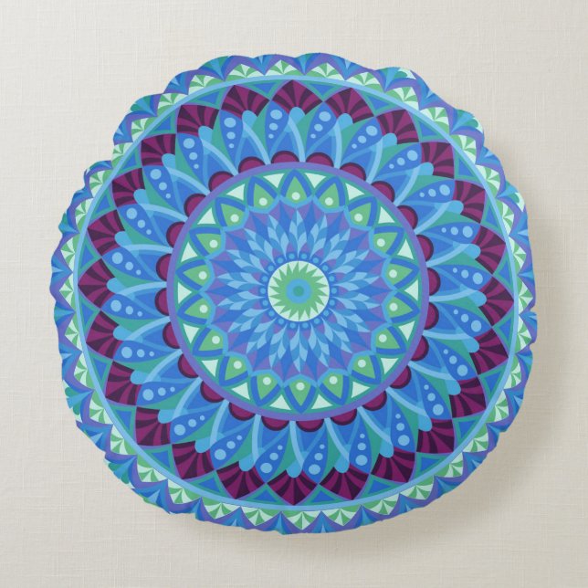 Mandala Midnight Dromen Blauw Boho Zen Rond Kussen (Voorkant)