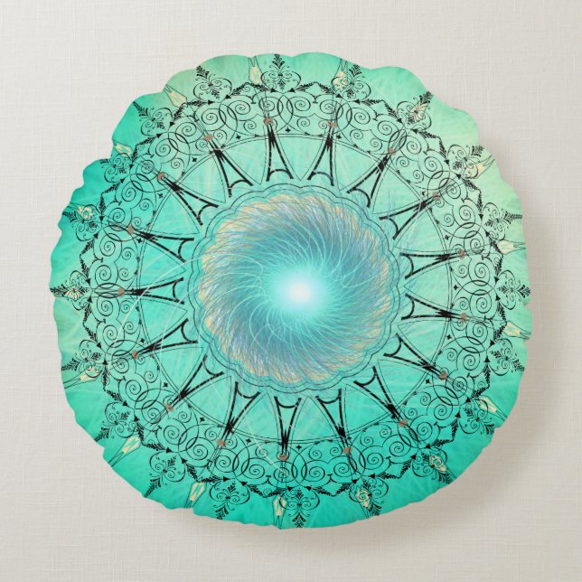  Mandala Minty Green Rond Kussen (Voorkant)