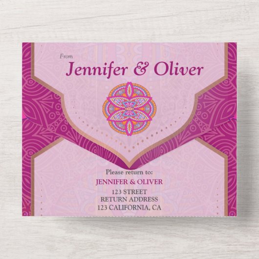 Mandala mix in Cerise Pink Blues & Sinaasappel All In One Uitnodiging (Achterkant)