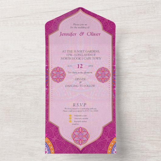 Mandala mix in Cerise Pink Blues & Sinaasappel All In One Uitnodiging (Binnen)