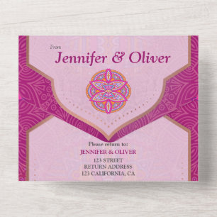 Mandala mix in Cerise Pink Blues & Sinaasappel All In One Uitnodiging