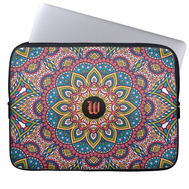 Mandala Monogram blauwgroen paars magenta Laptop Sleeve (Voorkant)