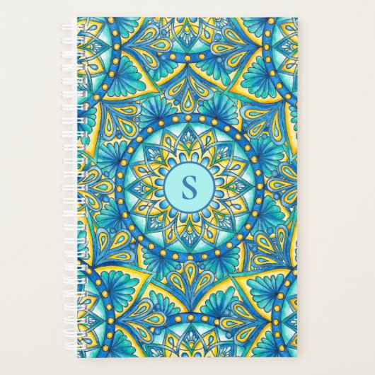 Mandala Monogram Blue Floral Turquoise Pattern Planner (Voorkant)