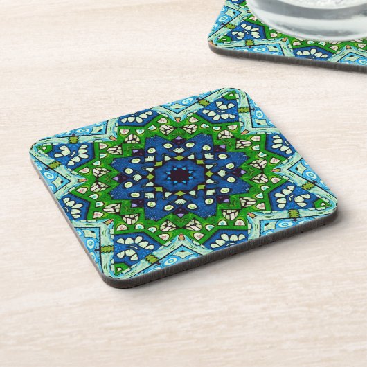 Mandala Mosaic Geometric Green Blue Retro Hippie Bier Onderzetter (Linkerzijde)