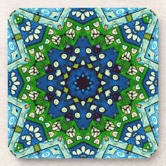 Mandala Mosaic Geometric Green Blue Retro Hippie Bier Onderzetter (Voorkant)