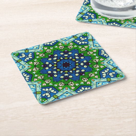 Mandala Mosaic Geometric Green Blue Retro Hippie Kartonnen Onderzetters (Schuin)
