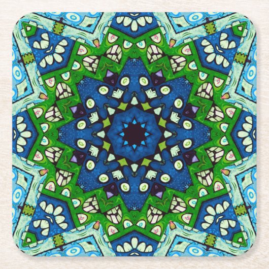Mandala Mosaic Geometric Green Blue Retro Hippie Kartonnen Onderzetters (Voorkant)