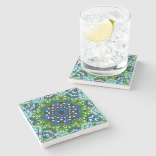 Mandala Mosaic Geometric Green Blue Retro Hippie Stenen Onderzetter