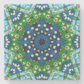 Mandala Mosaic Geometric Green Blue Retro Hippie Stenen Onderzetter (Voorkant)