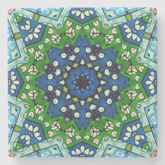 Mandala Mosaic Geometric Green Blue Retro Hippie Stenen Onderzetter (Voorkant)