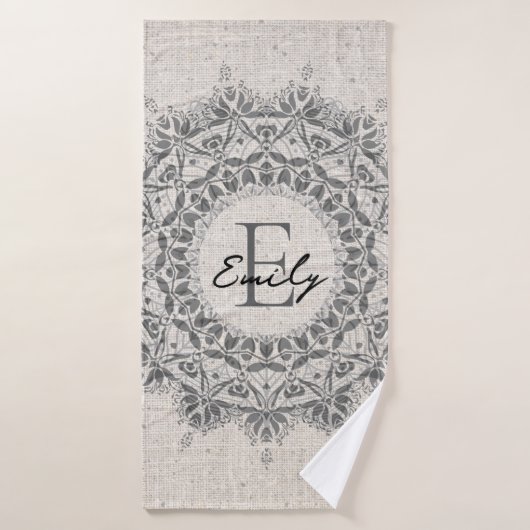 Mandala naam monogram monochroom lichtgrijs badhanddoek (Badhanddoek)