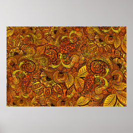 Mandala nature gold tentacles, flowers and leaves. poster