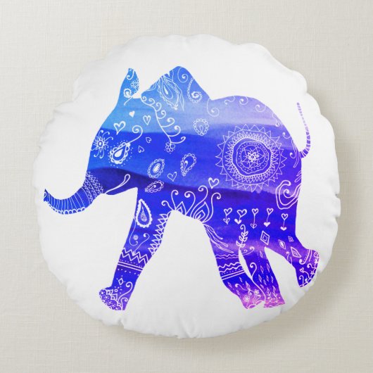 Mandala Olifant Geborsteld Polyester Rond Kussen 4 (Voorkant)