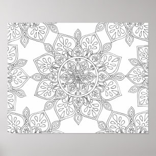 Mandala om in te kleuren Zwart Wit Bloem Poster