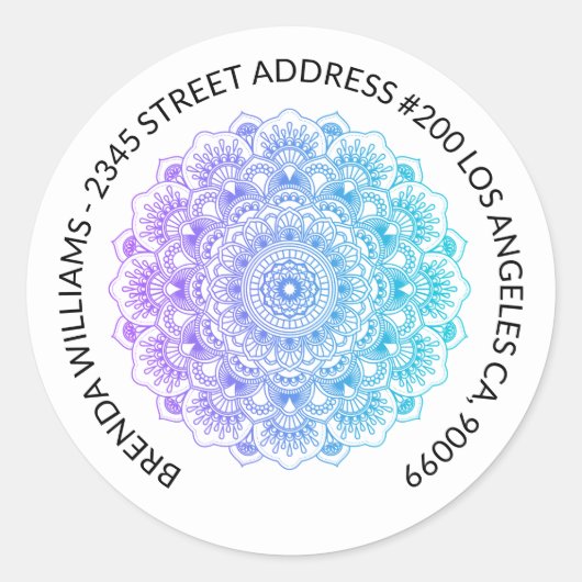 Mandala ontwerp blauw-groen tot paarse ombre ronde sticker (Voorkant)
