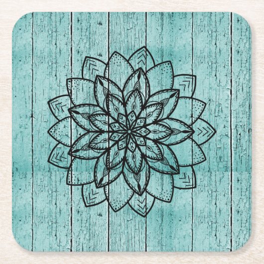 Mandala op Blauwe Hout Kartonnen Onderzetters (Voorkant)