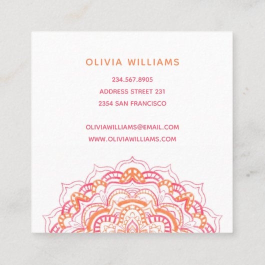 Mandala Oranje Roze Spiritueel Yoga Vers Wit Vierkante Visitekaartje (Achterkant)