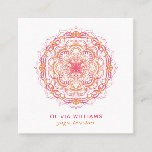 Mandala Oranje Roze Spiritueel Yoga Vers Wit Vierkante Visitekaartje (Voorkant)
