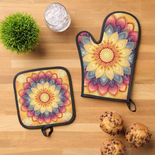 Mandala Oven Handschoenen Ovenwant & Pannenlap Set (Top down)