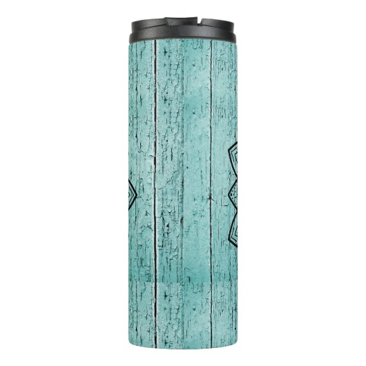 Mandala over blauw ouder hout thermosbeker (Achterkant)