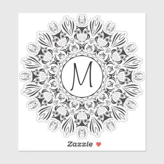 Mandala Owl Clear Round Monogram Sticker (Vel)