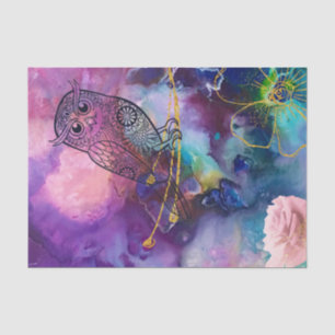 Mandala owl faux golden branch op paarse blauwgroe tissuepapier