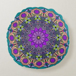 Mandala Paars Perzik Zalm Roze Groen Rond Kussen