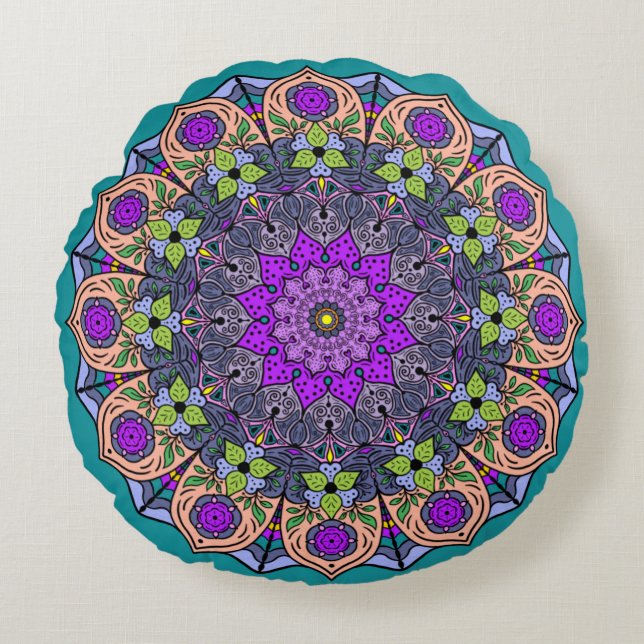 Mandala Paars Perzik Zalm Roze Groen Rond Kussen (Voorkant)