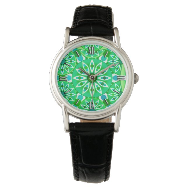 Mandala patroon, Emerald green en pauock Horloge (Voorkant)