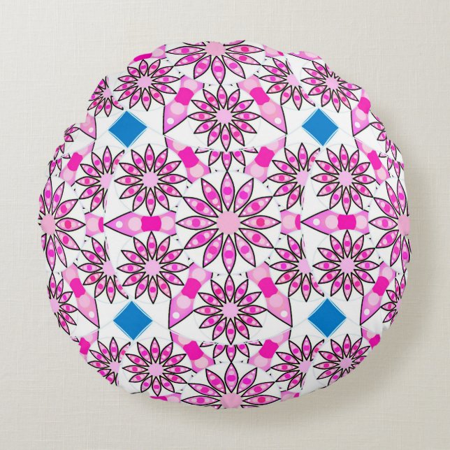 Mandala patroon, heet roze, zwart en wit rond kussen (Voorkant)